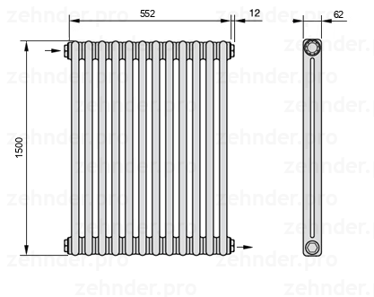 Схема (чертеж) Радиатор Zehnder Charleston 2150/12 №1670 Белый глянцевый RAL 9016